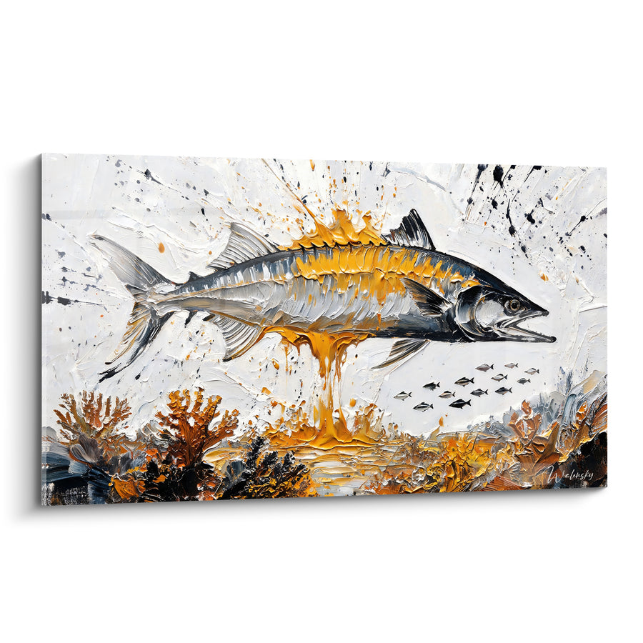 Tableau Barracuda argenté aux coulures dorées - Éruption sous-marine - Edition Barracuda