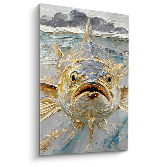 Tableau Barracuda argenté et doré vu de face - Yeux ronds écarquillés - Edition Barracuda