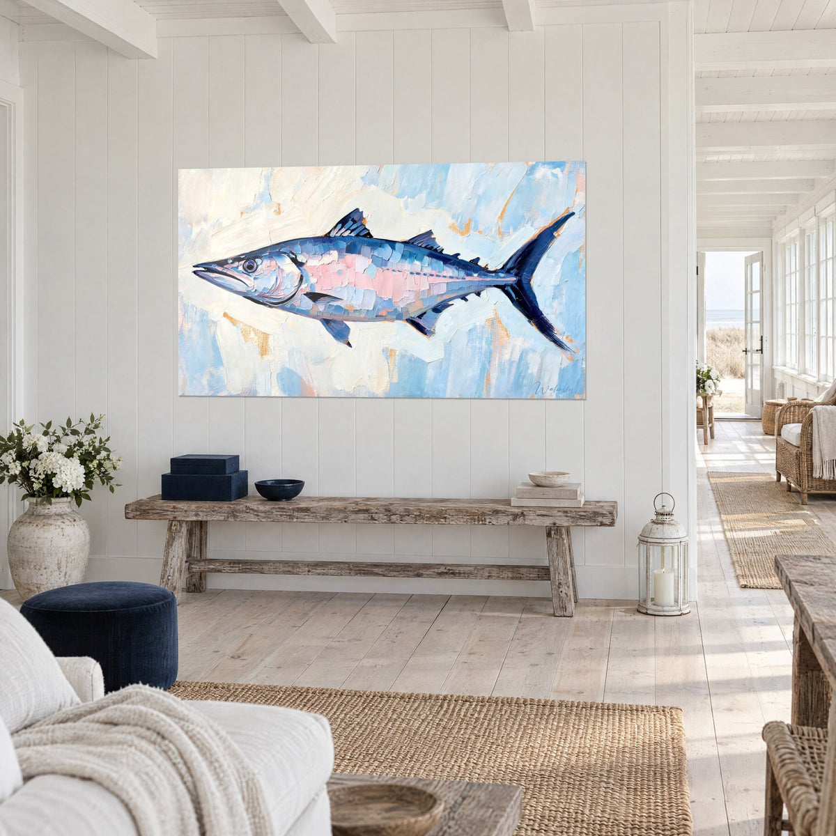 Wall art slender sea fish, periwinkle blue and powder pink scales on a cream background, facing a rustic coastal house bench