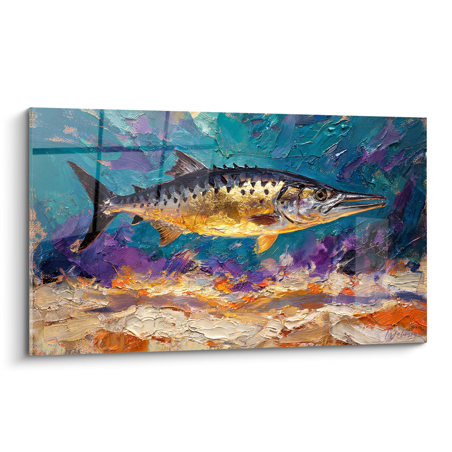 Tableau Barracuda doré et turquoise sur fond corallien - Nageoire tachetée noire - Edition Barracuda