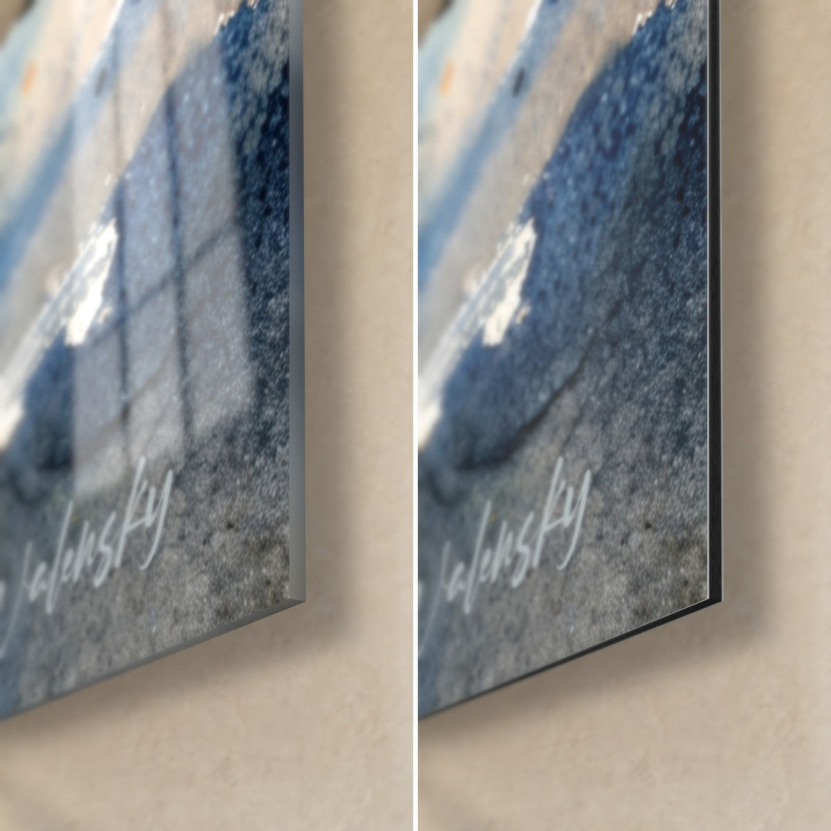 Wall art watercolor barracuda, bottom right corner: glossy acrylic glass reflecting the window, matte grey-blue Dibond aluminum, 3 mm edge