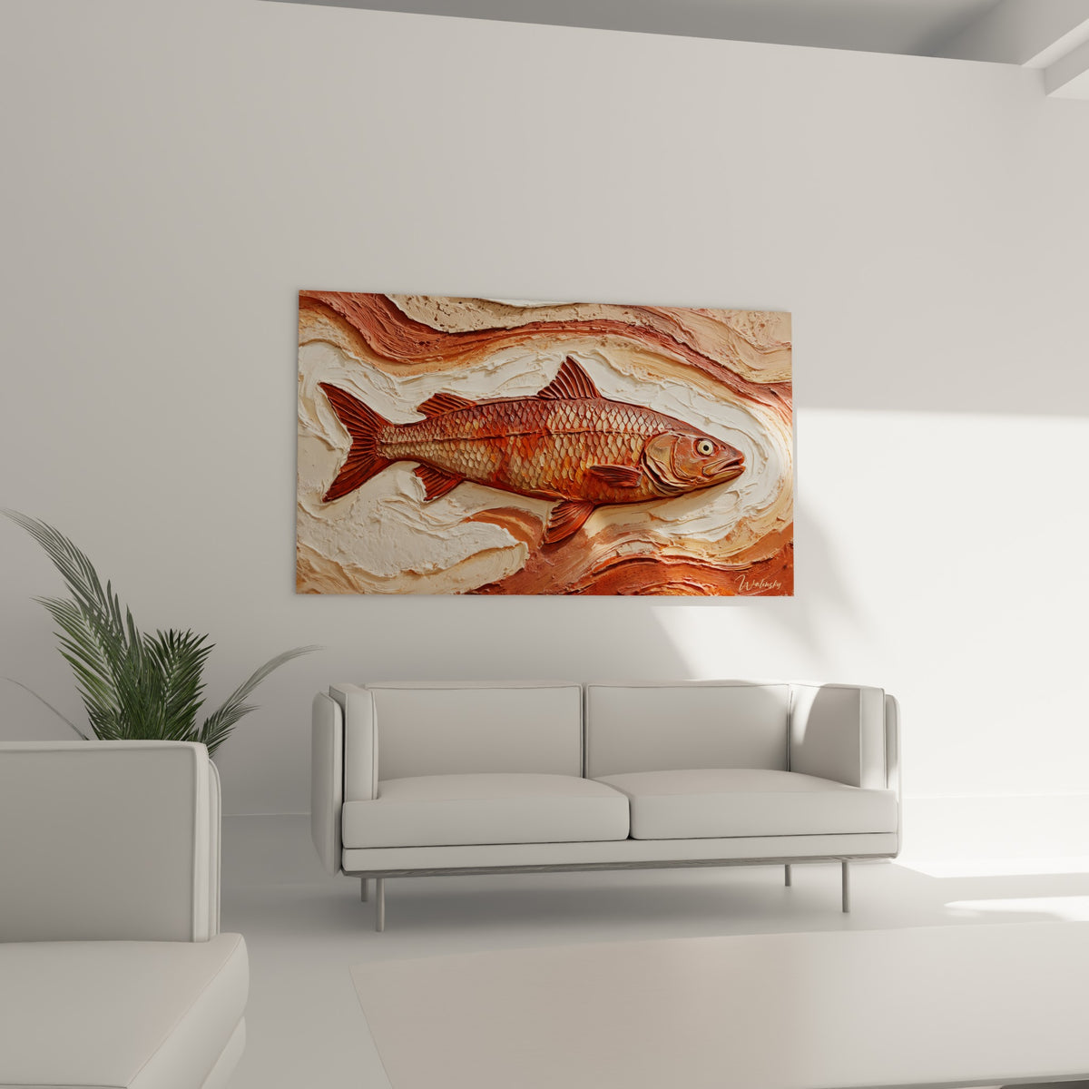 Poisson barracuda aux écailles cuivrées et fond crème sculpté au-dessus d'un canapé dans un salon lumineux