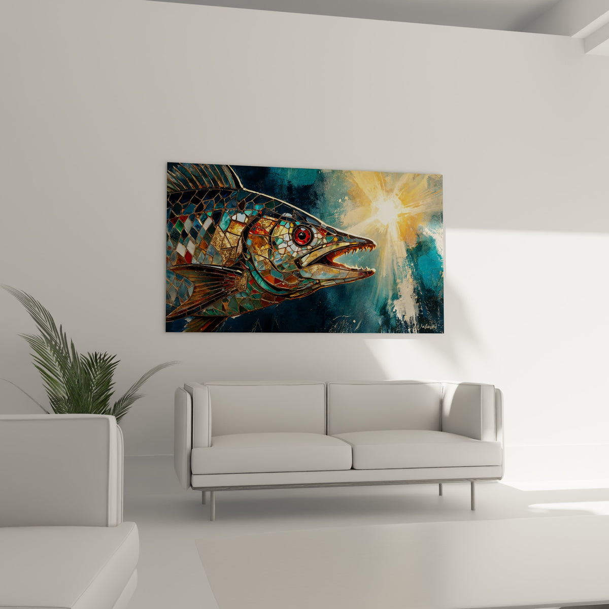 Écailles fragmentées bleu et doré du Barracuda, gueule dentée, placées au-dessus d'un canapé dans un salon lumineux