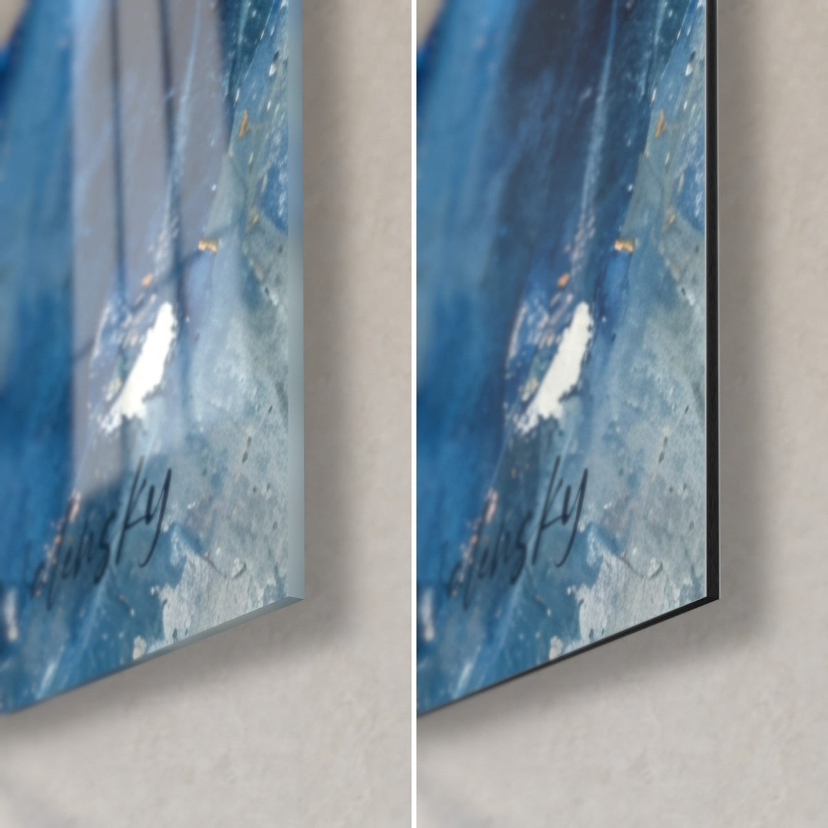 Gemälde Barrakuda in tiefem Blau und Gold, untere rechte Ecke: glänzendes Acrylglas links, mattschwarzes Dibond rechts, 3 mm Kante