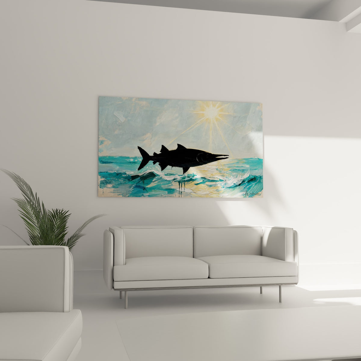 Poisson barracuda sombre bondissant sur fond turquoise et or, au-dessus d'un canapé dans un salon lumineux