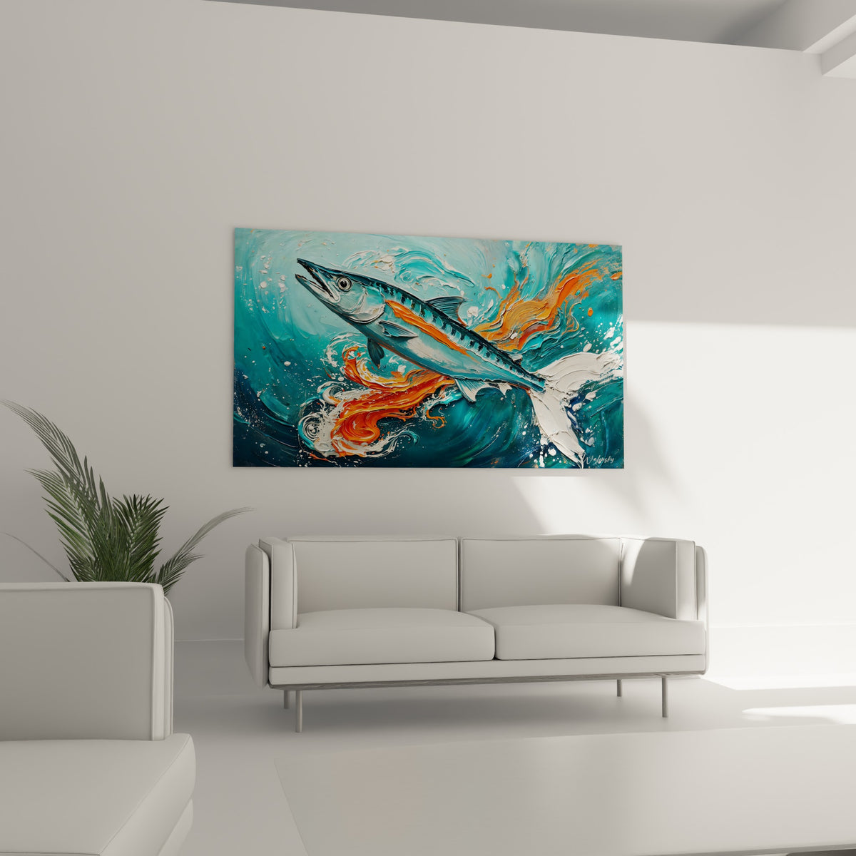 Poisson argenté strié d'orange fendant l'eau turquoise, au-dessus d'un canapé dans un salon lumineux