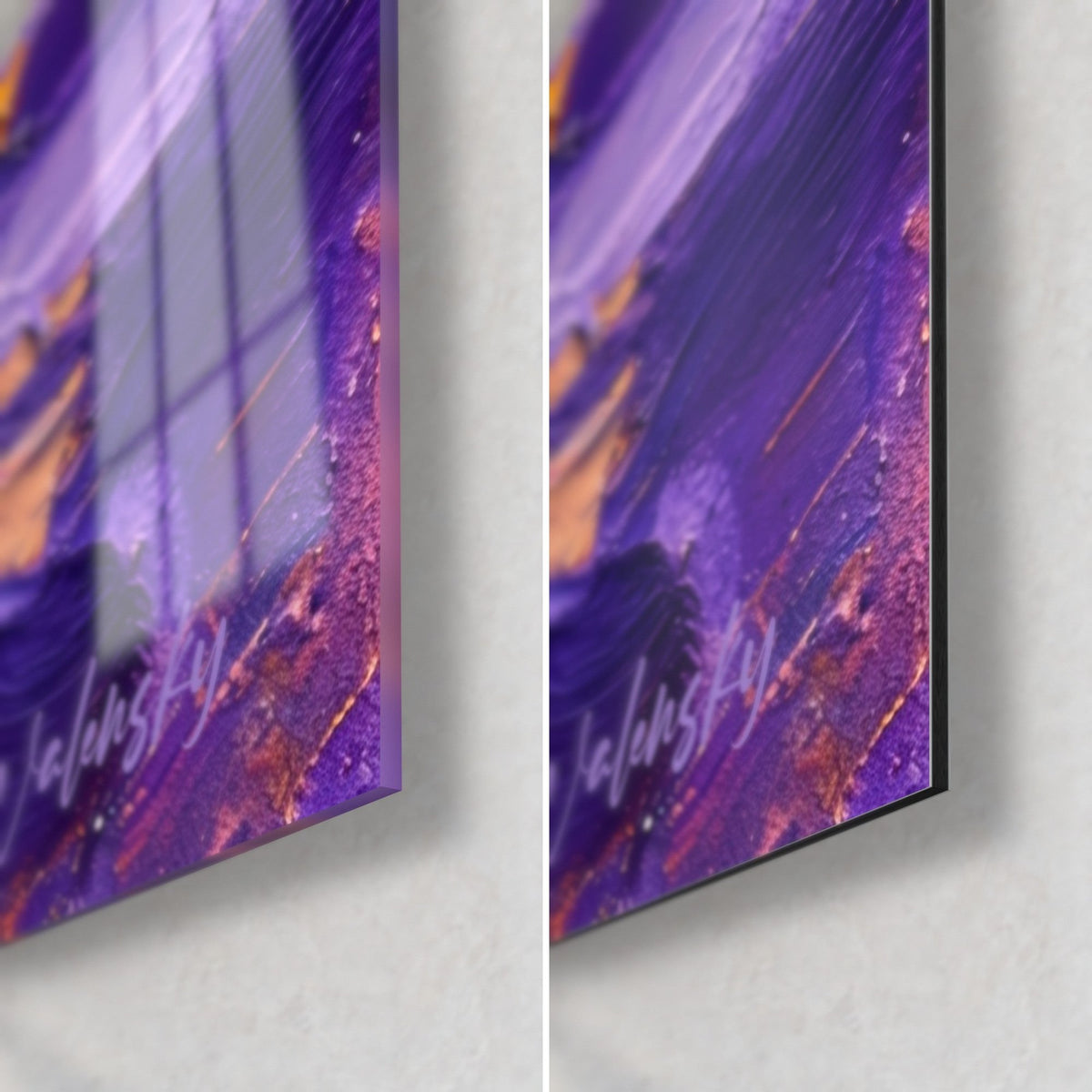 Gemälde Violett-goldener Barrakuda, untere rechte Ecke: glänzendes Acrylglas links, matter Dibond-Alu rechts, 3 mm Kante