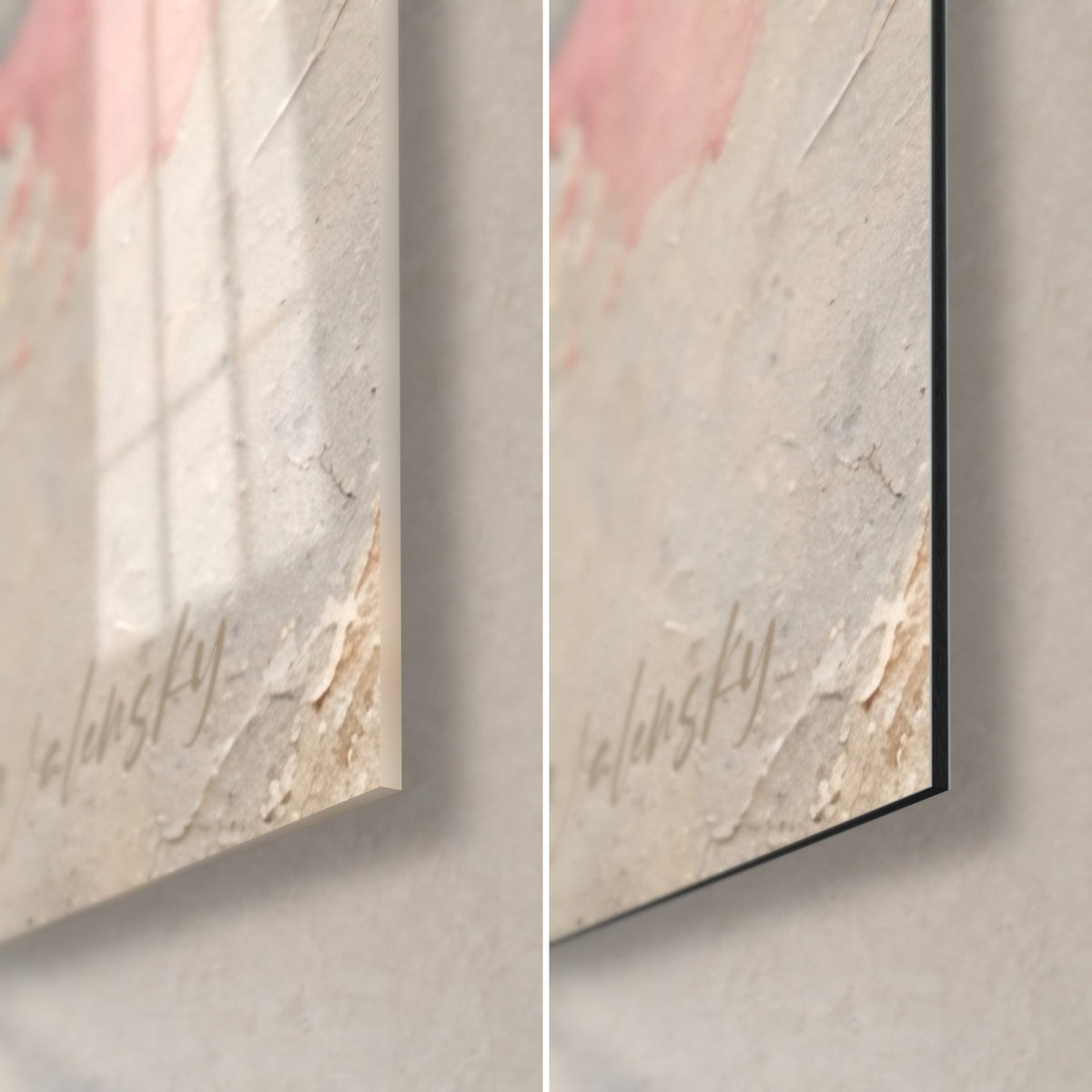Tableau écailles ivoire et filets d'or, coin bas droit : verre acrylique brillant à gauche, alu Dibond mat à droite, tranche 3 mm