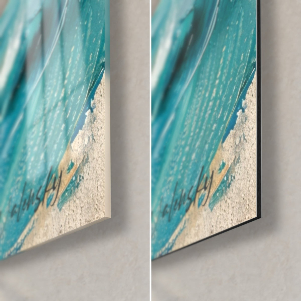 Wall art black fish on turquoise foam, bottom right corner: glossy acrylic glass on the left, matte sand-coloured aluminium Dibond on the right