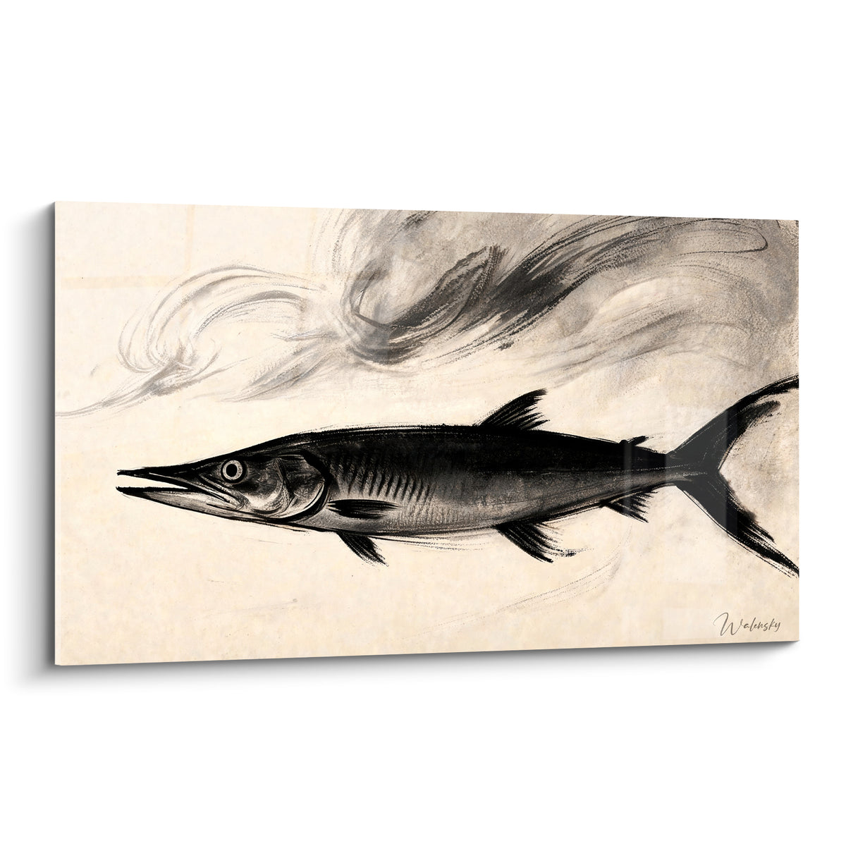 Barracuda noir dessiné à l'encre sur fond ivoire, gueule ouverte, sillage de fumée grise