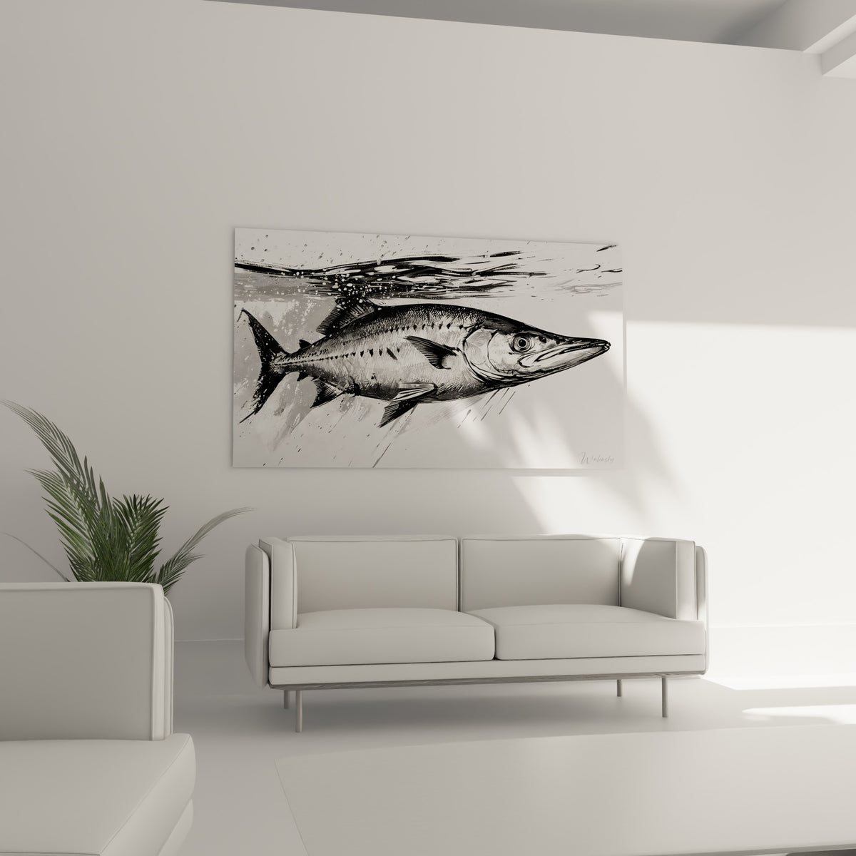 Poisson prédateur au trait nerveux, écailles grises et noires, au-dessus d'un canapé dans un salon lumineux