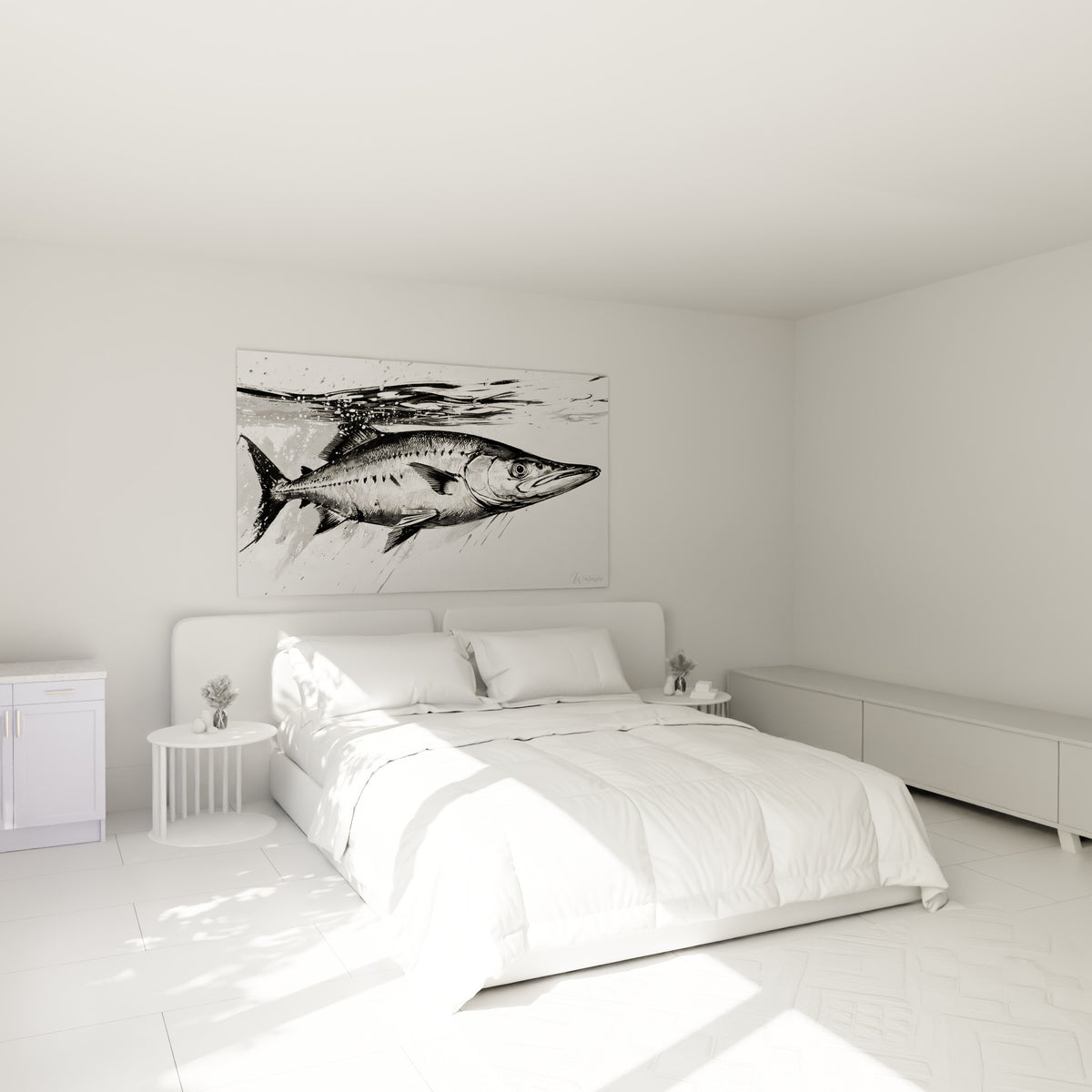 Barracuda esquissé en noir et blanc, œil perçant argenté, accroché au-dessus d'un lit dans une chambre claire