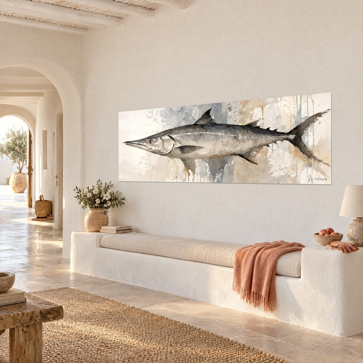 Wall art predatory fish with dark fins, charcoal back and cream belly, bluish splashes, three-quarter view