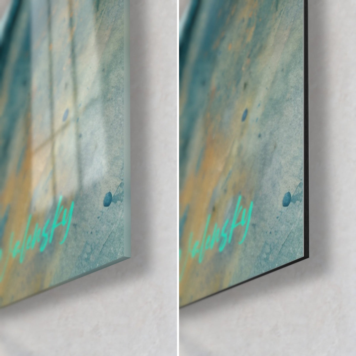 Wall art of a barracuda in watercolor, bottom right corner, glossy glass on the left, matte Dibond on the right, 3 mm black edge, turquoise green