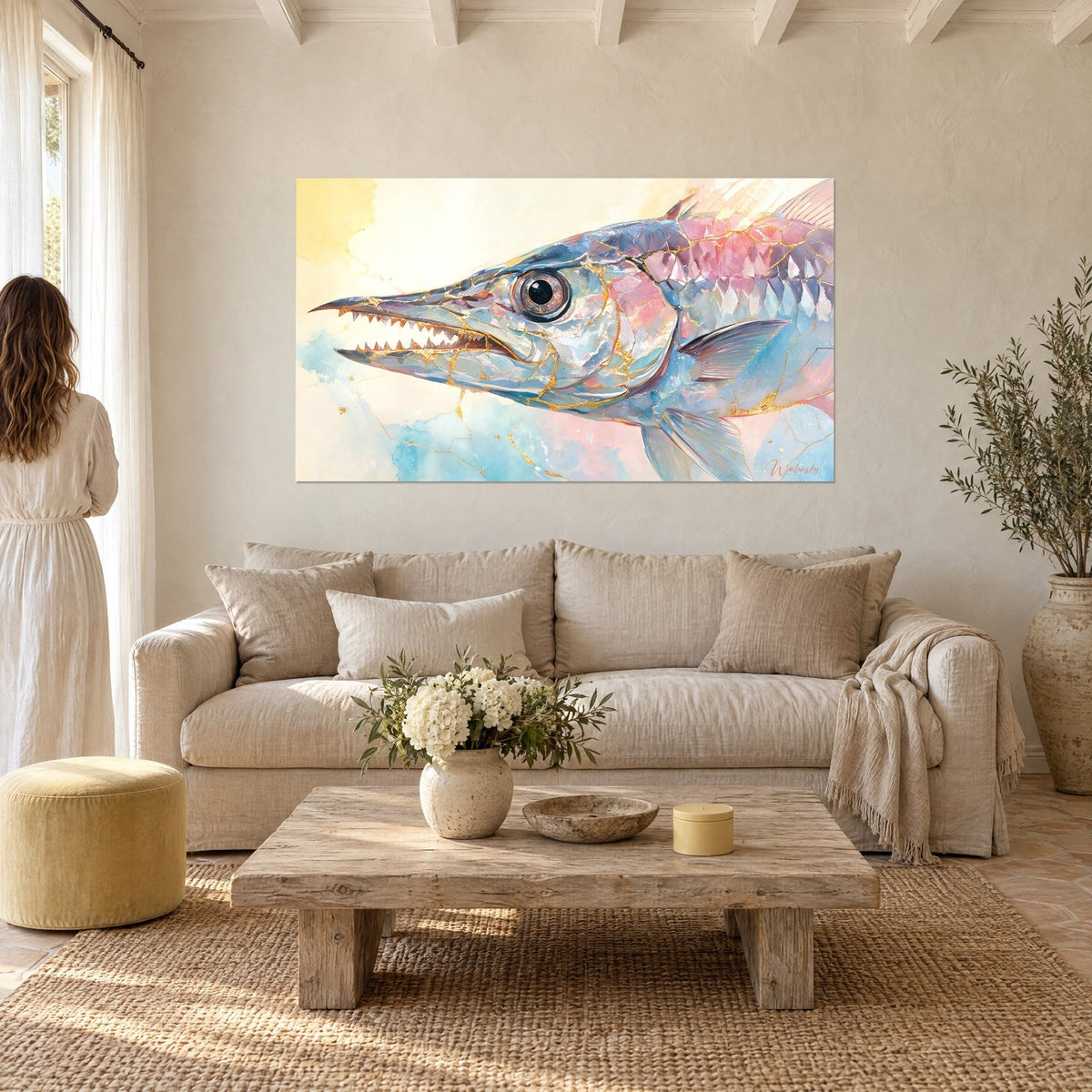 Quadro barracuda con squame perlate blu e rosa, filetti d'oro, sopra un divano in un soggiorno luminoso