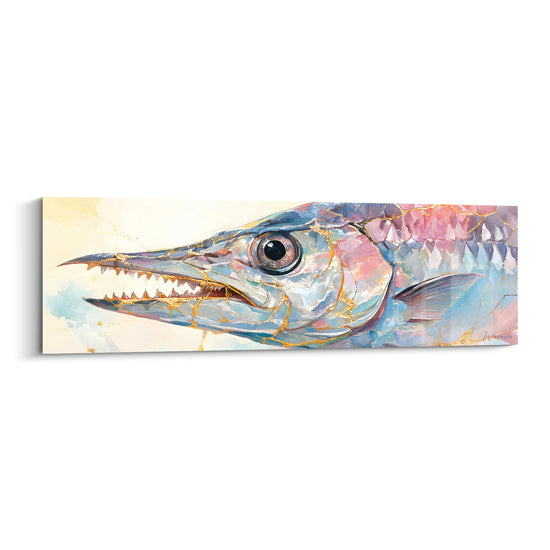 Tableau Barracuda mâchoires ouvertes aux écailles roses et dorées - Fascination sous-marine - Edition Barracuda