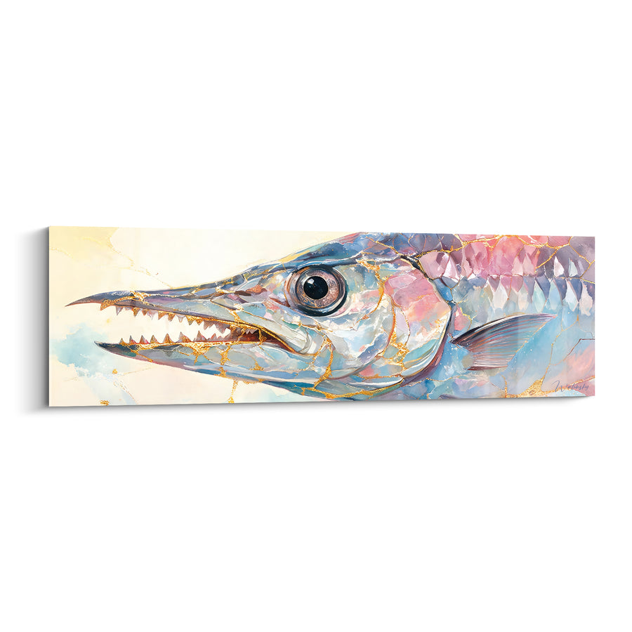 Tableau Barracuda mâchoires ouvertes aux écailles roses et dorées - Fascination sous-marine - Edition Barracuda