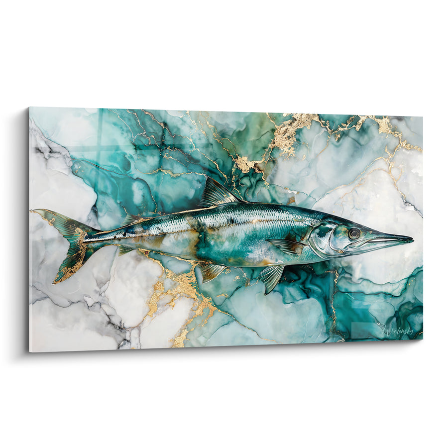 Tableau Barracuda argenté sur marbre turquoise et doré - Éclat des profondeurs - Edition Barracuda