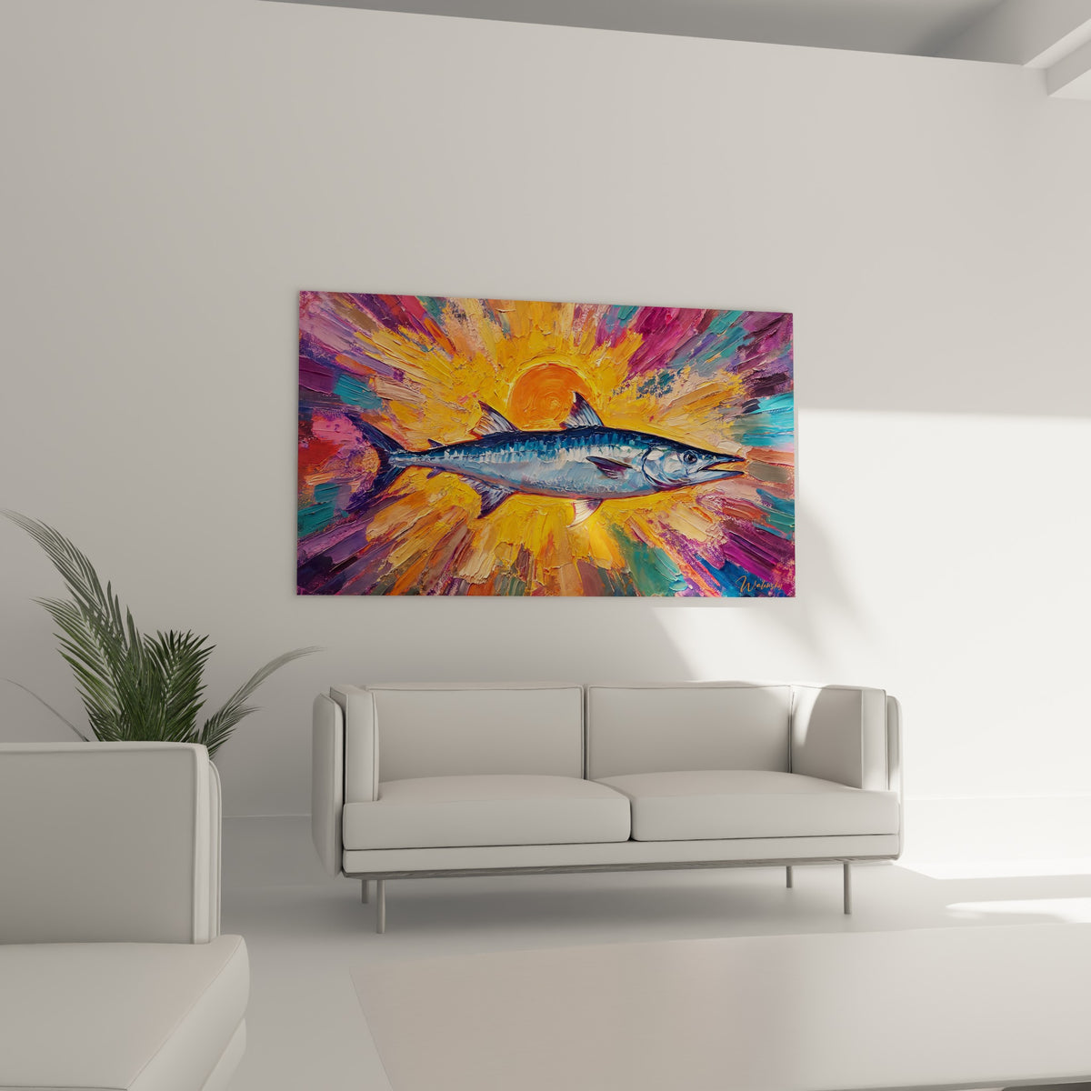 Prédateur marin bleu profilé face à une explosion orange et violette, au-dessus d'un canapé dans un salon lumineux