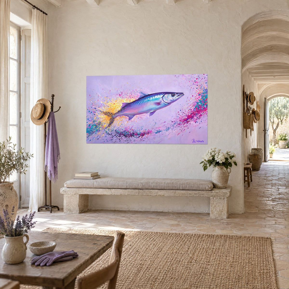 Wall art of a fish with glacier blue and lilac scales darting diagonally, cloud of golden droplets, Provençal farmhouse in three-quarter view