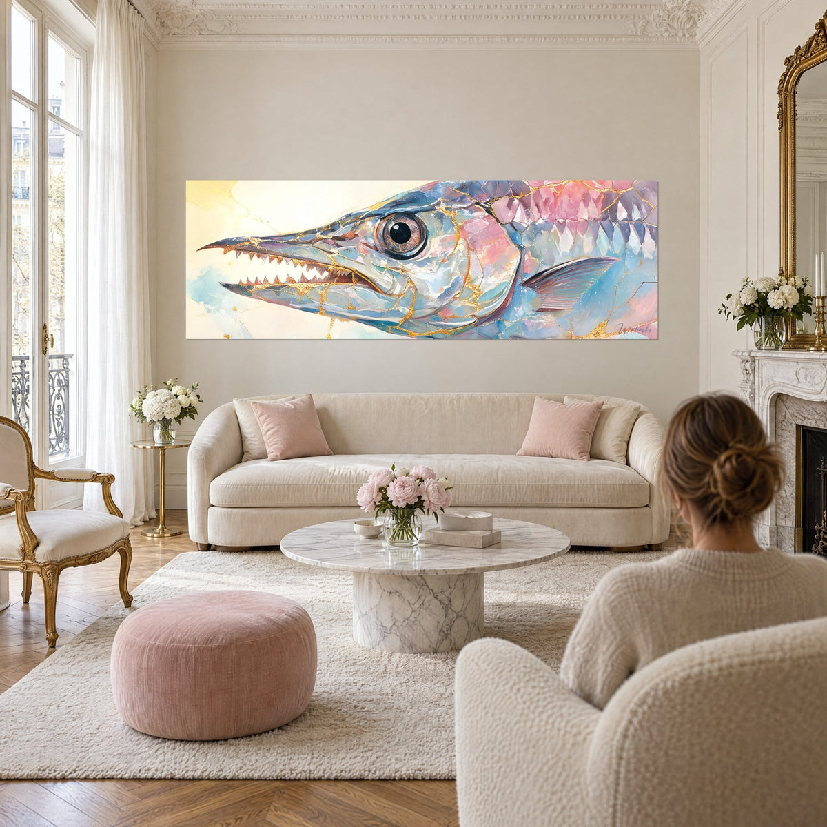Quadro di barracuda con mascelle dentate, squame rosa cipria e blu ghiacciaio venate d'oro, sopra un divano in un soggiorno luminoso