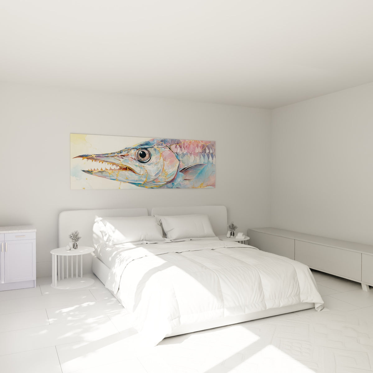 Museau de barracuda aux dents acérées, tons rose et bleu, au-dessus d'un lit dans une chambre claire