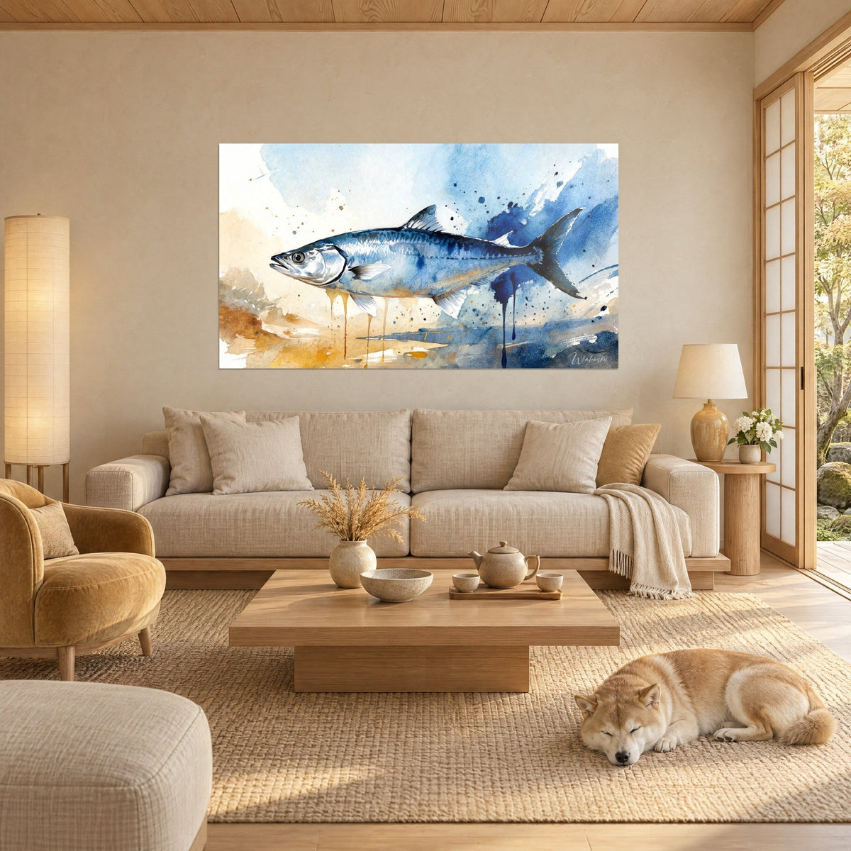Wall art silver barracuda with glacier-blue flanks and ochre splashes, a sleeping red Shiba, above a sofa in a bright living room