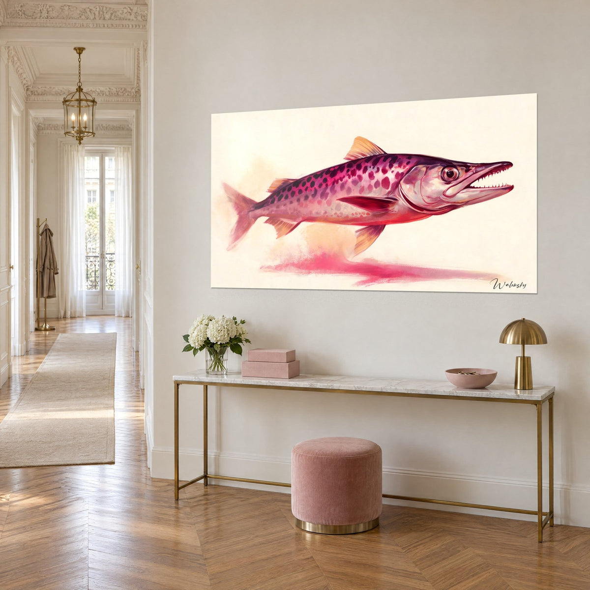 Wall art barracuda in full flight, speckled purplish-pink back and golden fins, ivory background, above a Haussmann console
