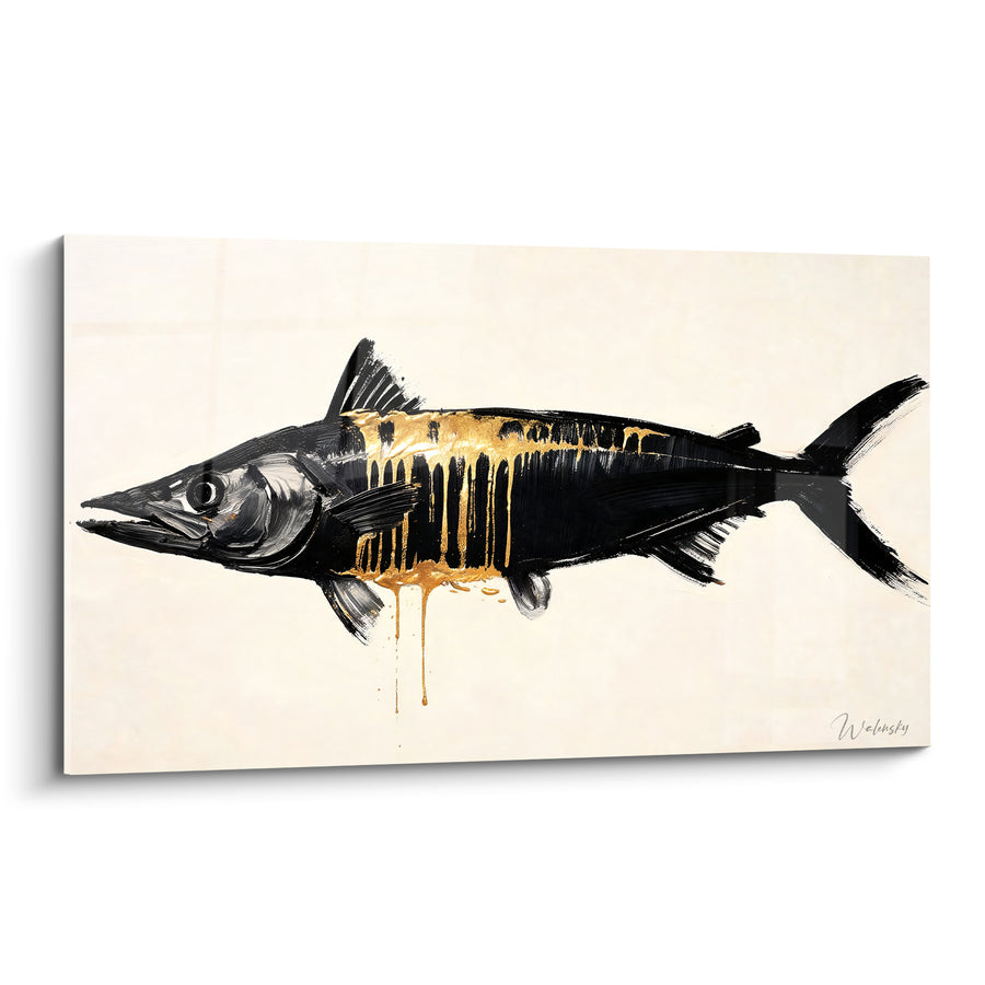Tableau Barracuda noir et doré aux coulures ruisselantes - Fond ivoire épuré - Edition Barracuda