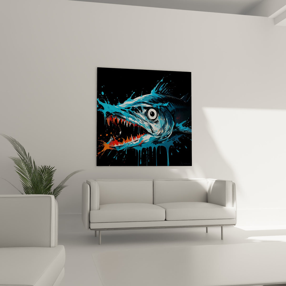 Œil fixe du Barracuda entouré de bleu turquoise et de coulures noires, au-dessus d'un canapé dans un salon lumineux.
