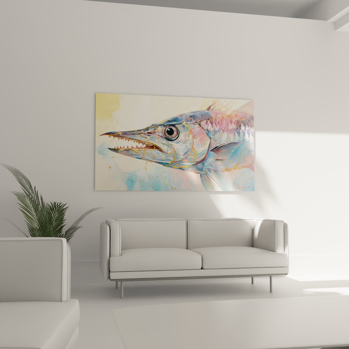 Œil perçant du barracuda cerné de bleu et rose nacré, suspendu au-dessus d'un canapé dans un salon lumineux