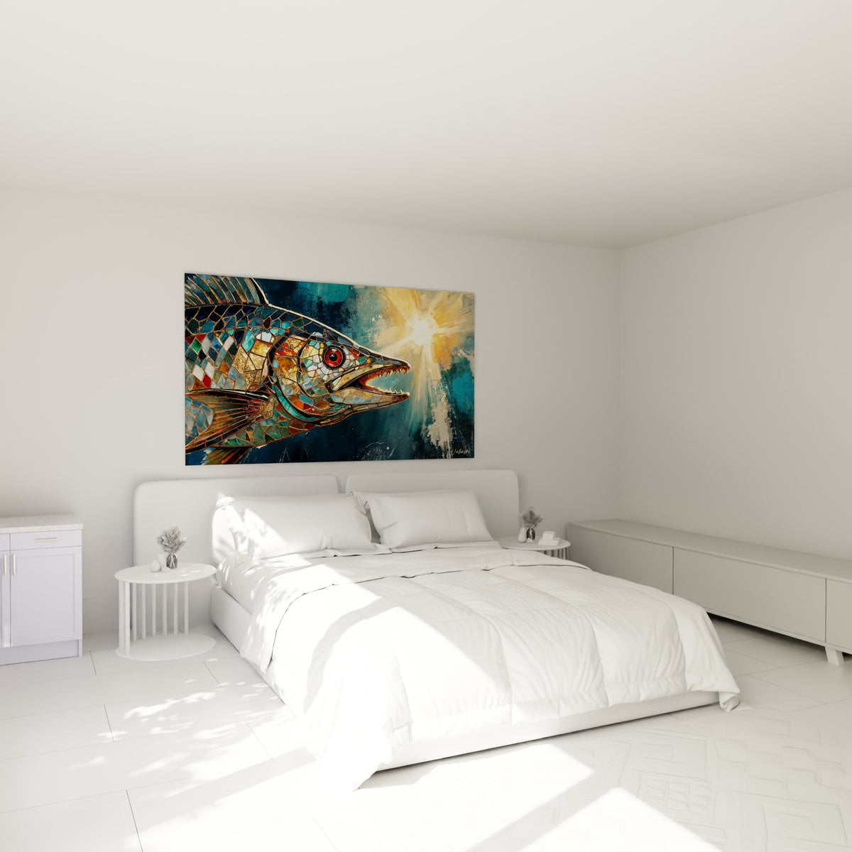Mosaïque de Barracuda turquoise et or, œil rouge intense, accrochée au-dessus d'un lit dans une chambre claire