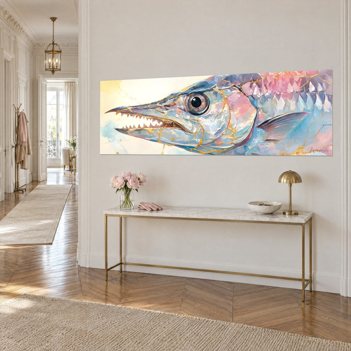 Quadro di pesce predatore con lungo muso argentato, occhio nero cerchiato di bronzo, sfondo giallo pallido, sulla parete di un appartamento in stile haussmanniano