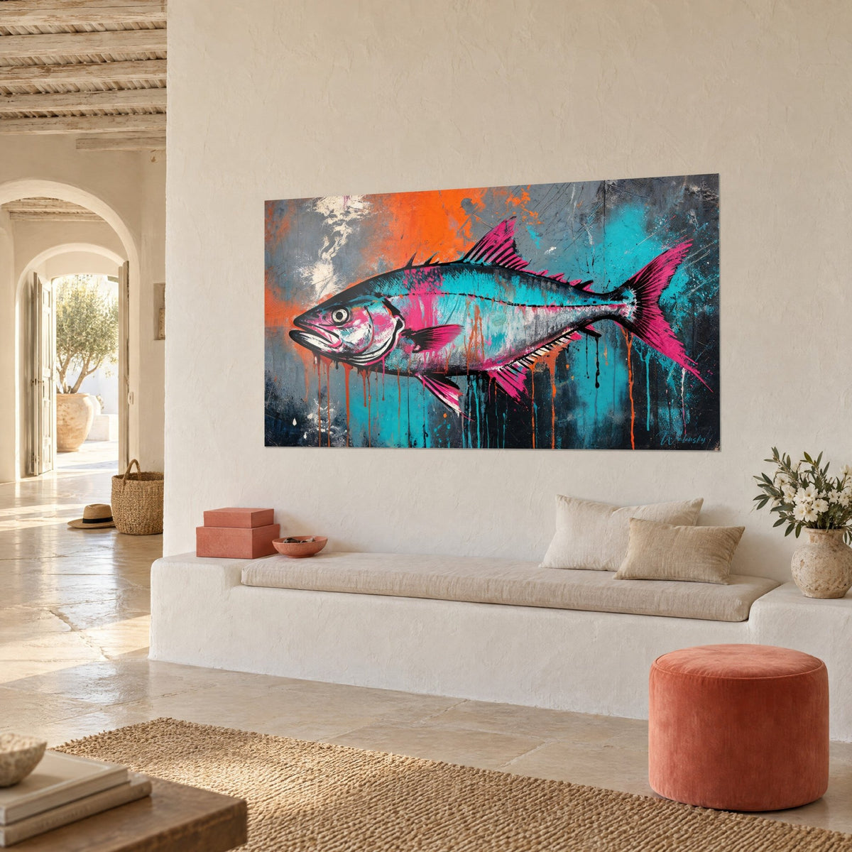 Cuadro de un barracuda plateado salpicado de rosa vivo, salpicaduras naranjas sobre hormigón gris, vista de tres cuartos en una casa mediterránea