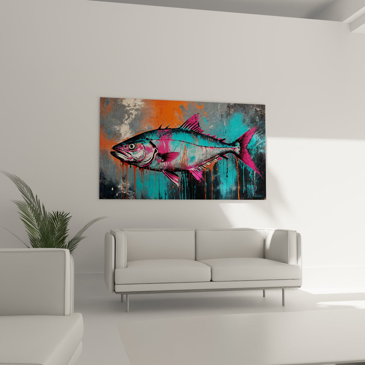 Poisson graphique aux couleurs fuchsia et orange accroché au-dessus d'un canapé dans un salon lumineux