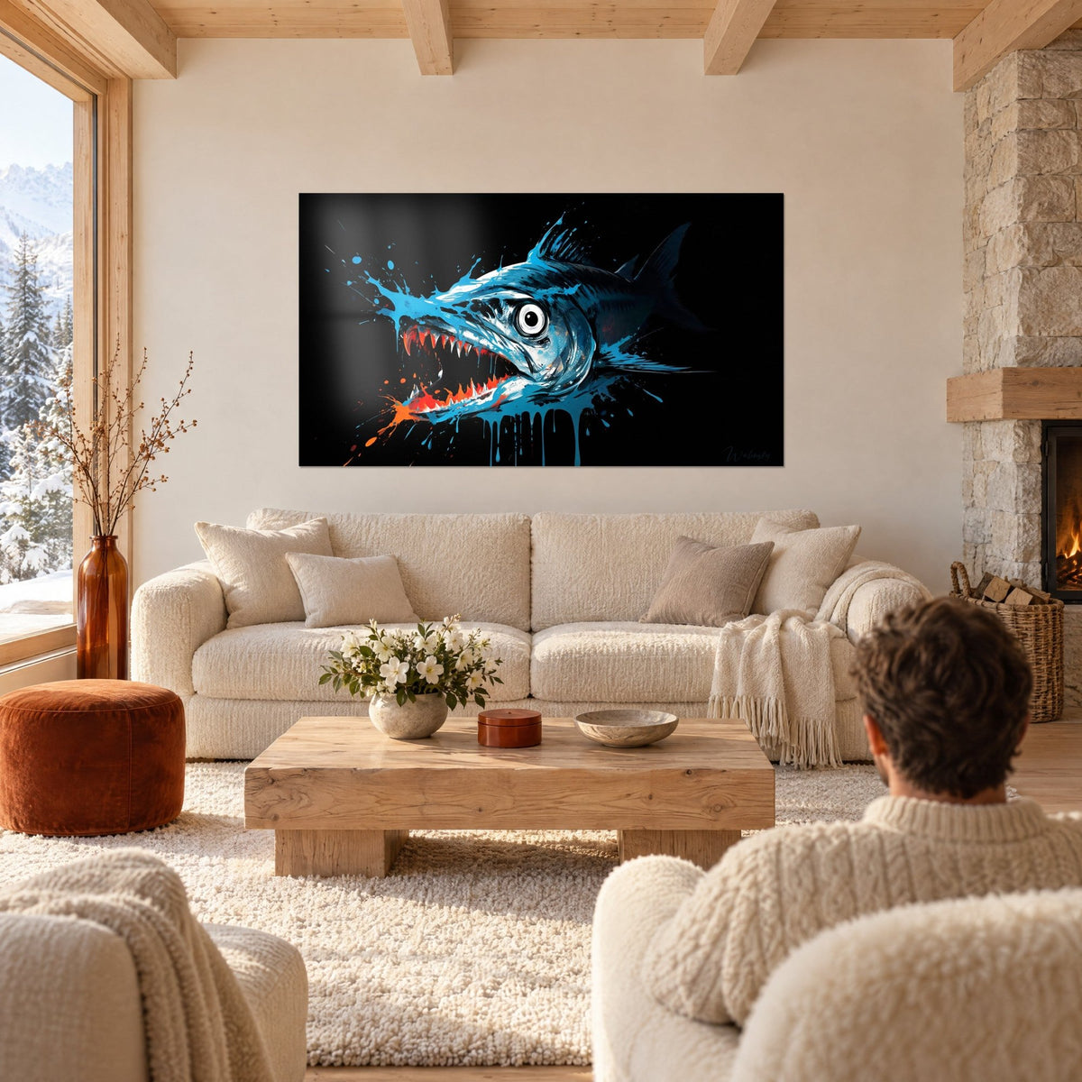 Wall art barracuda with orange fangs and a white-ringed eye, blue splashes on black background, above a sofa in a bright living room