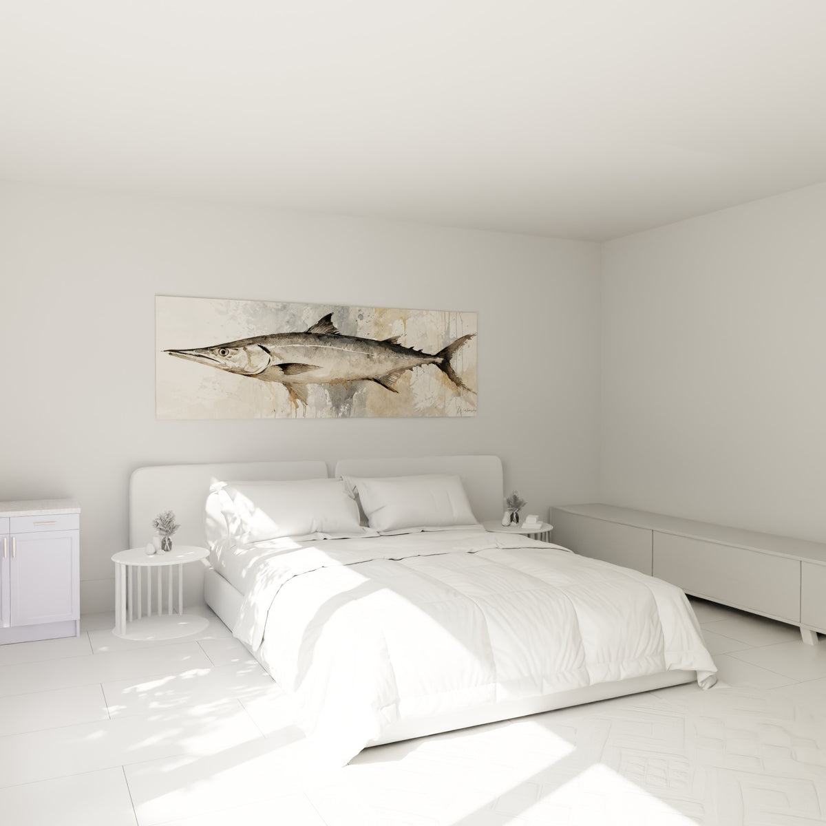Silhouette de barracuda gris et ocre accrochée au-dessus d'un lit dans une chambre claire