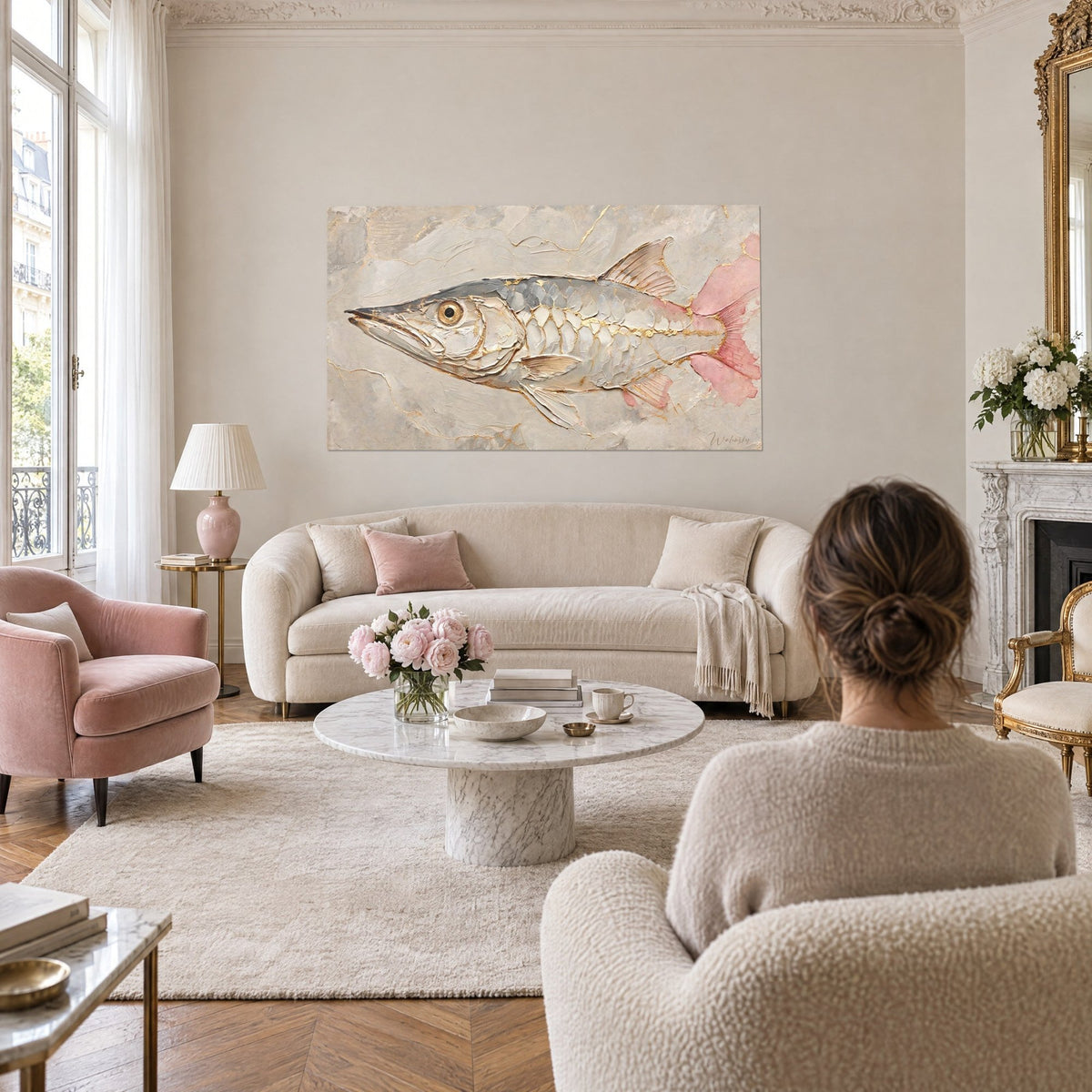 Tableau barracuda ivoire aux nageoires roses, écailles dorées en relief, au-dessus d'un canapé dans un salon lumineux