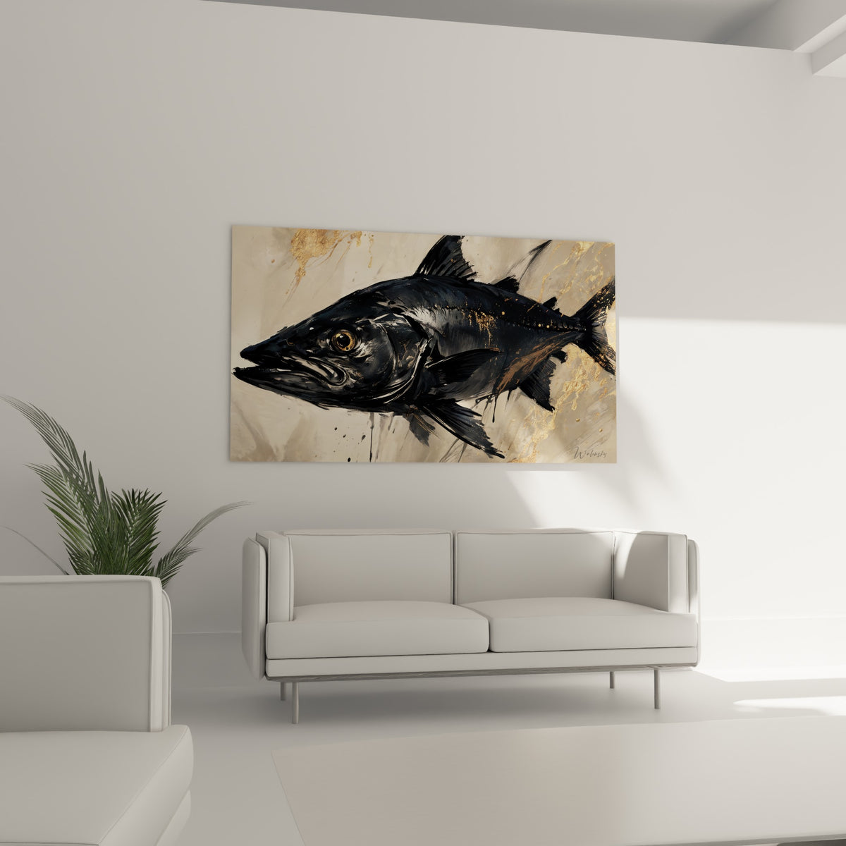Silhouette anthracite du Barracuda aux éclats dorés placée au-dessus d'un canapé dans un salon lumineux