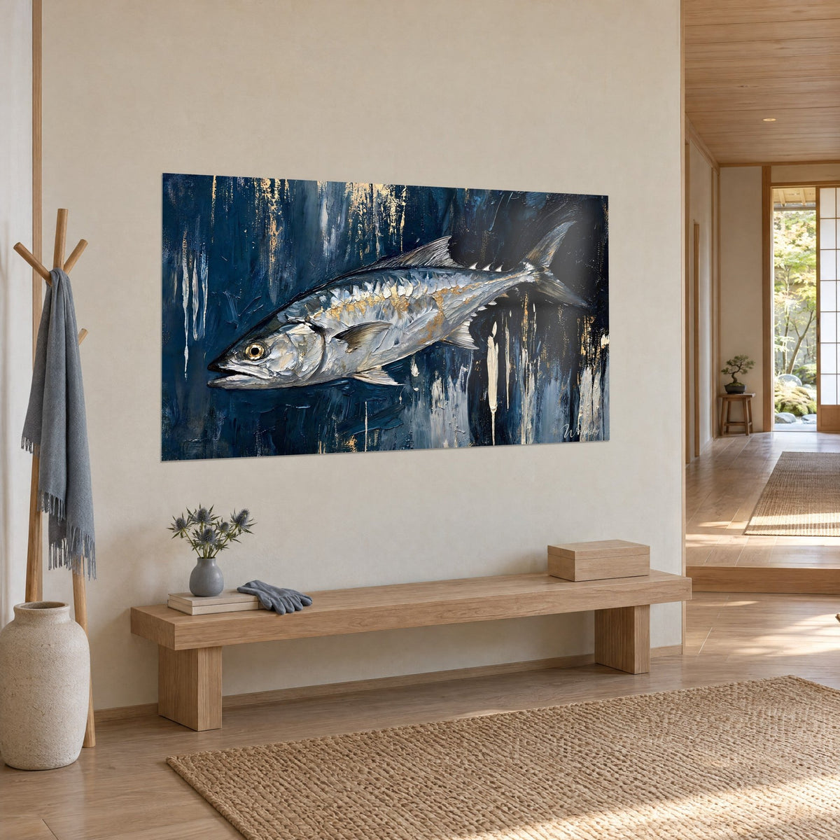 Wall art predatory fish with steel-like reflections, golden eye, midnight blue and cream drips, seen three-quarter view in a japandi entryway