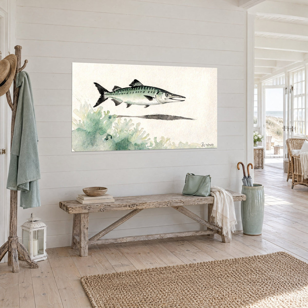 Wall art arrowfish with a sage green and black speckled back, elongated shadow line, three-quarter view in a beach house
