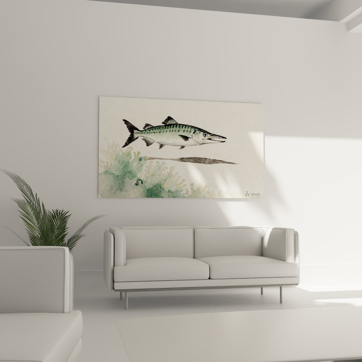 Barracuda anthracite et ivoire en aquarelle accroché au-dessus d'un canapé dans un salon lumineux