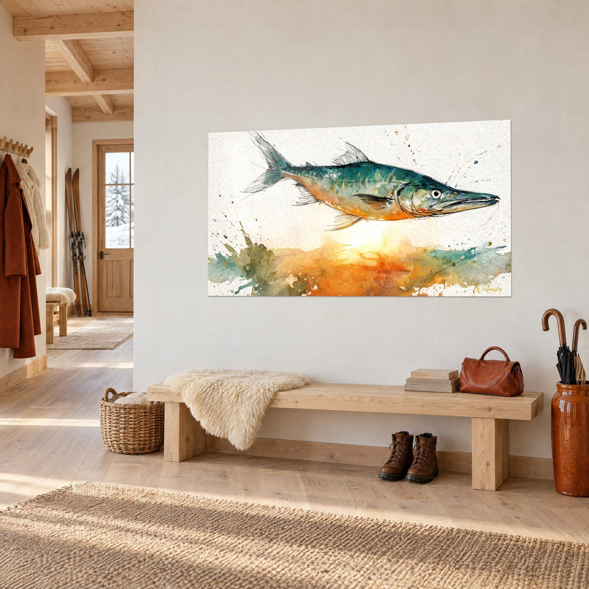 Wall art watercolour needlefish, emerald green back and orange belly, black pen strokes, on a white wall of a chalet-style hallway