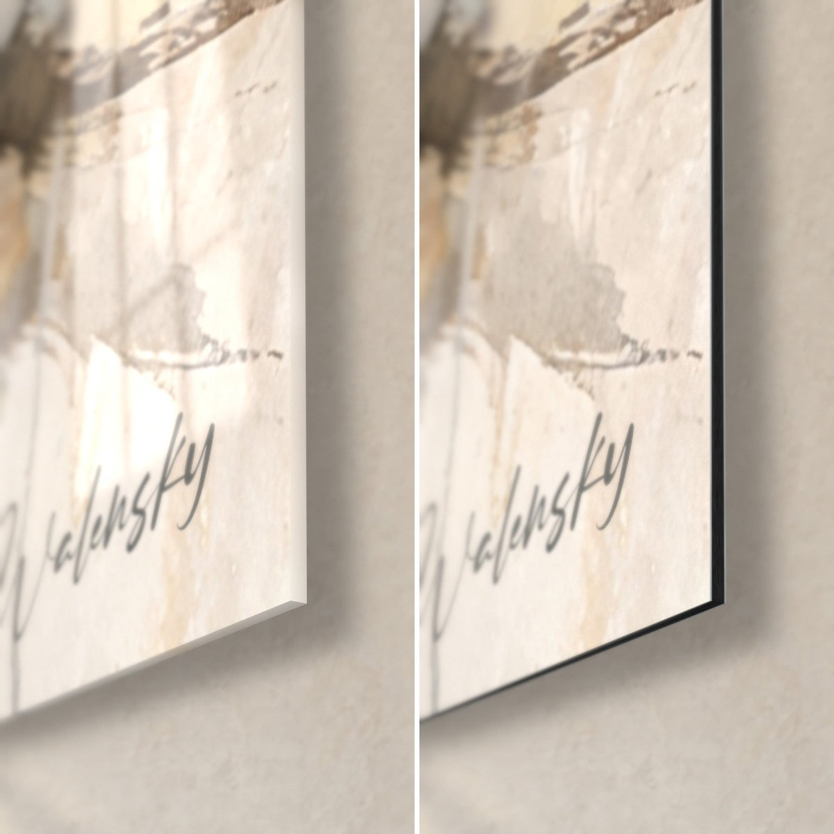 Wall art long fish in grey watercolour, bottom right corner: glossy acrylic glass on the left, matt black Dibond aluminium on the right