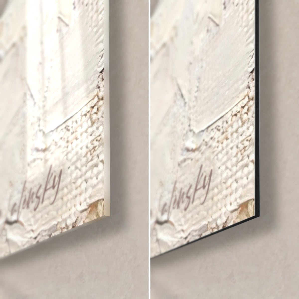 Schilderij koperen meerval in dikke impasto-verf: glanzende glashoek rechtsonder links, mat zwart Dibond rechts, rand van 3 mm