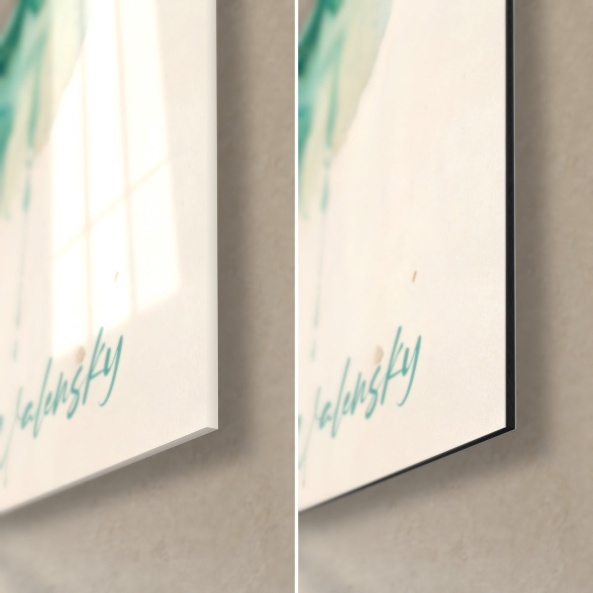 Tableau barracuda en aquarelle turquoise et or, coin bas droit : verre brillant aux reflets, Dibond mat noir, tranche 3 mm