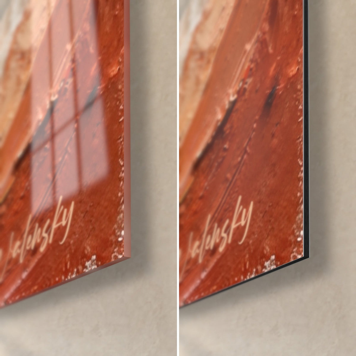 Gemälde Kupferfarbener Fisch, untere rechte Ecke, glänzendes Glas mit Fensterreflexen links, mattes rostfarbenes Dibond rechts, 3 mm Kante