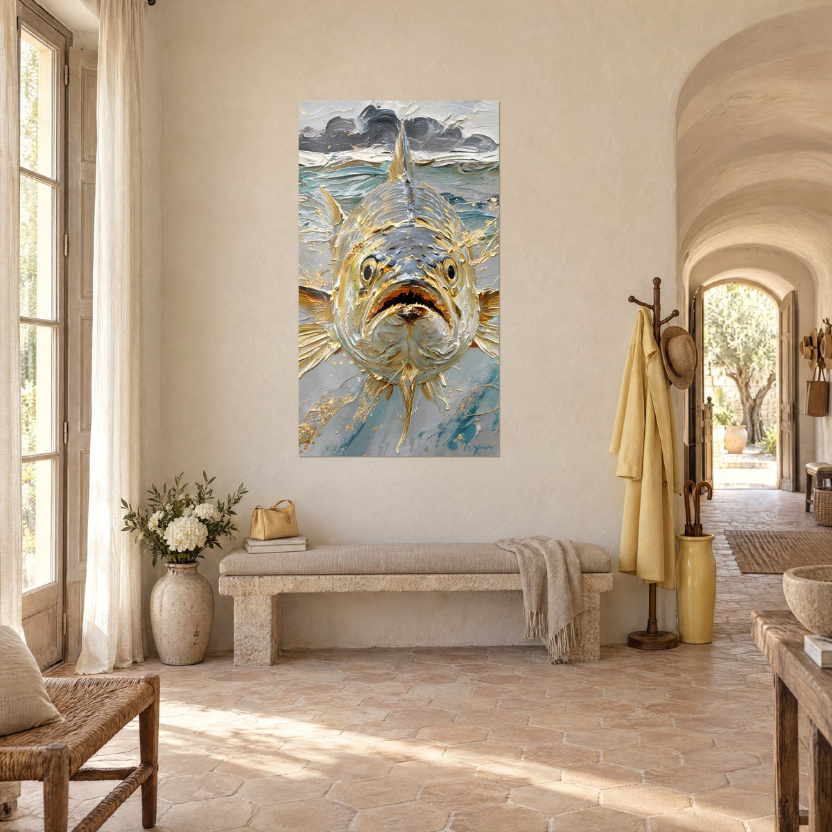 Wall art barracuda head-on, open orange mouth, golden fins, turquoise waves, in a vaulted Provençal hallway