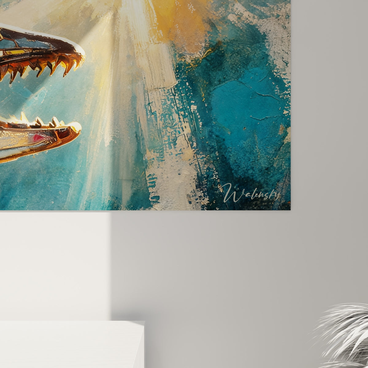 Détail des facettes dorées et bleu marine du barracuda, grain façon vitrail avec lignes de plomb visibles