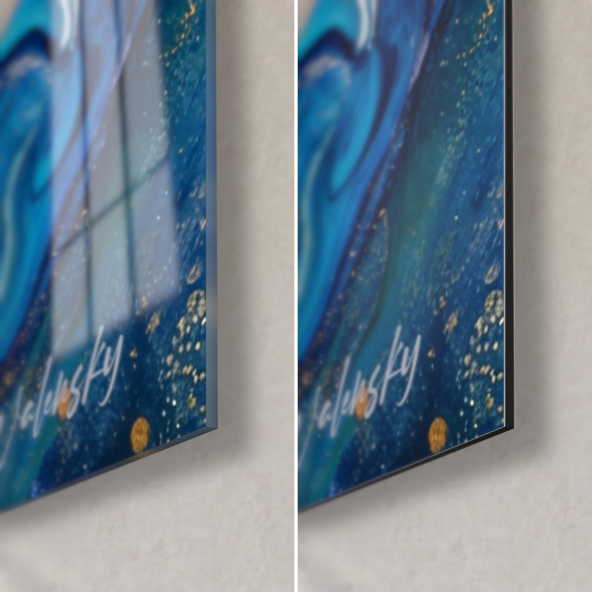 Wall art silver predator, bottom right corner: glossy blue and gold glass on the left, matte black Dibond on the right, thin edge